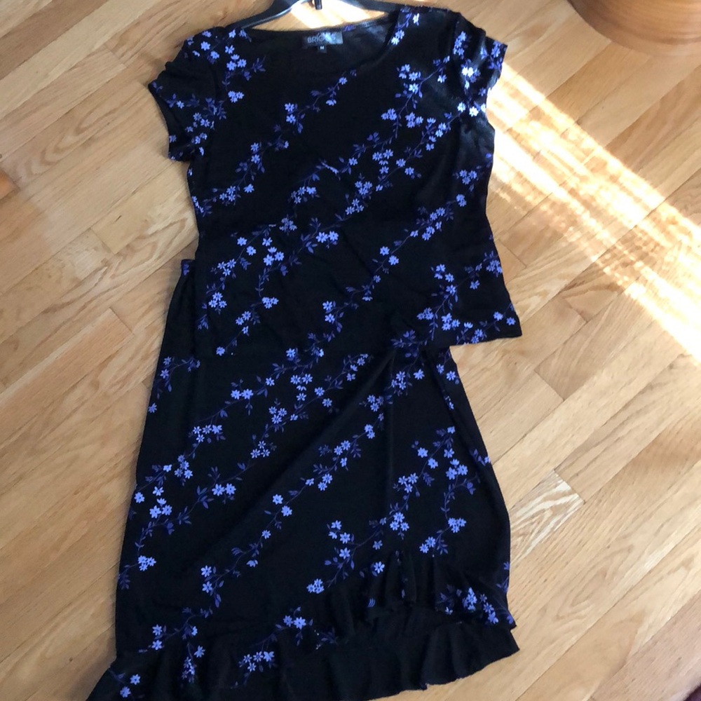 Two piece, black w/lavender flowers, ruffled skirt